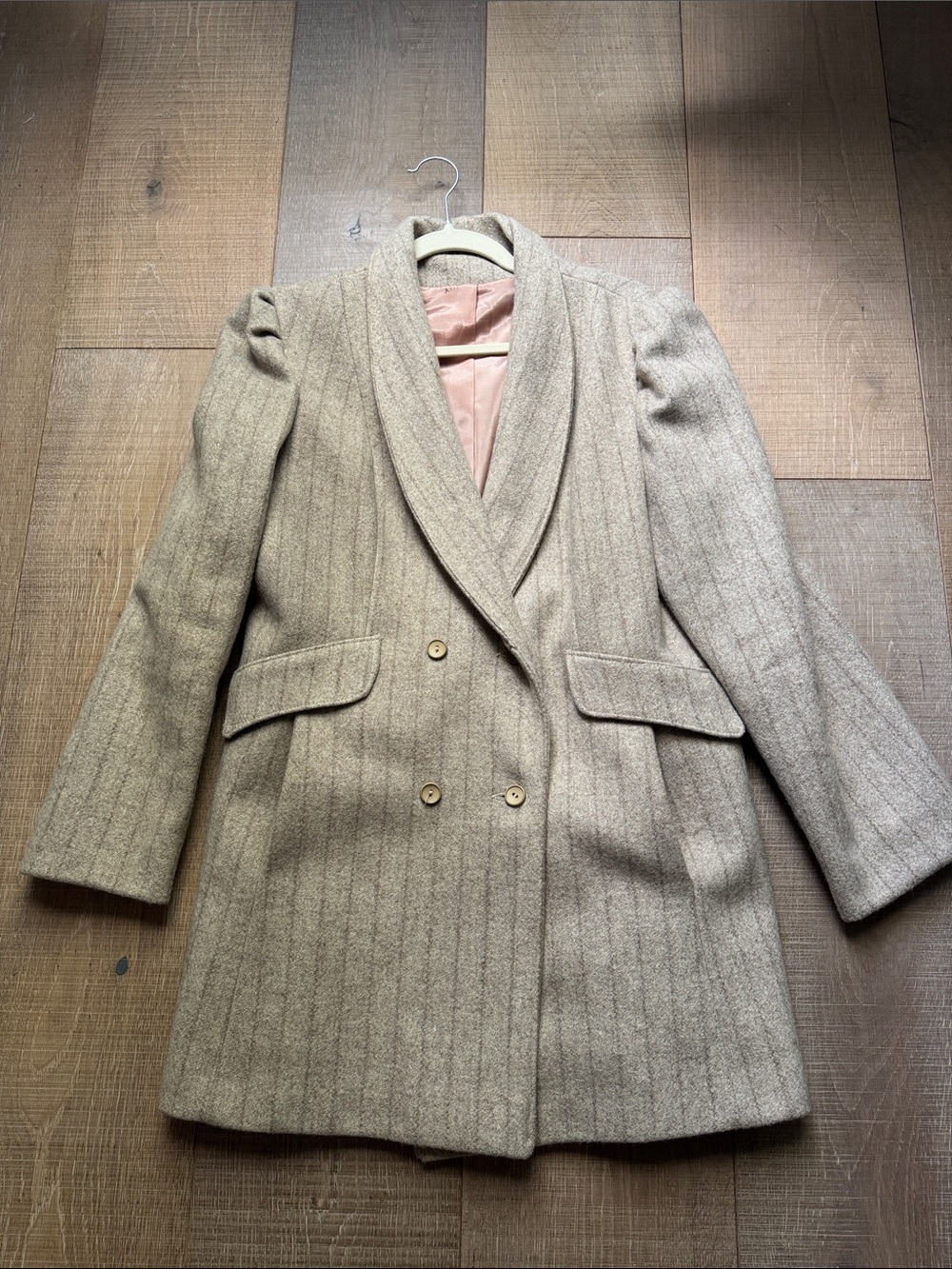 Vintage Beige Pinstripe Double-Breasted Blazer with Pink Lining